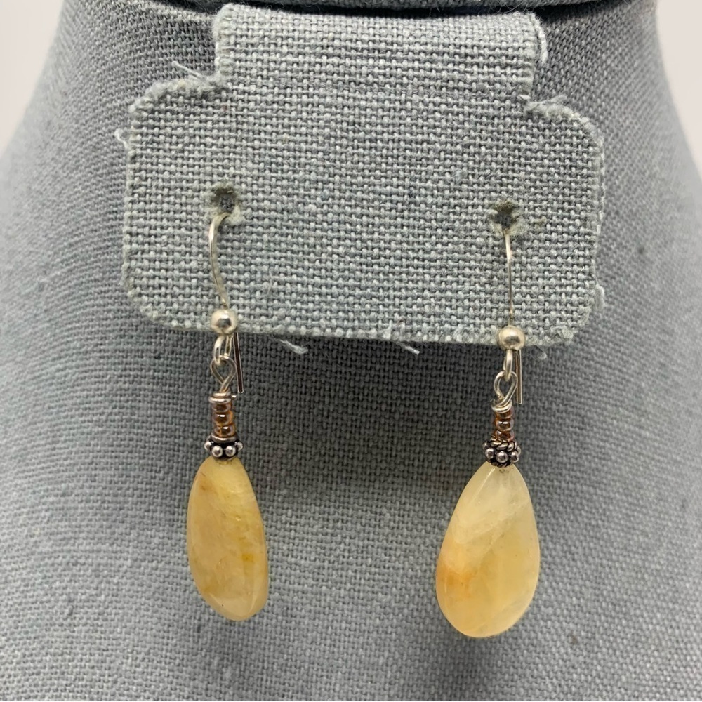 Classic Boho Yellow Genuine Citrine Stone Teardrop Dangle Earrings Silver Tone